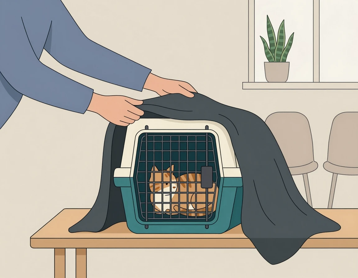 포획틀을 담요로 덮어 고양이를 안정시키는 모습