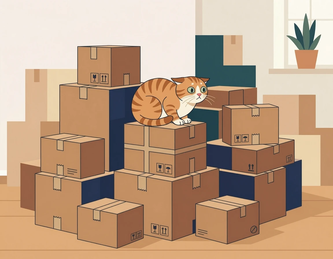 이사 박스 사이에서 긴장한 고양이 일러스트
