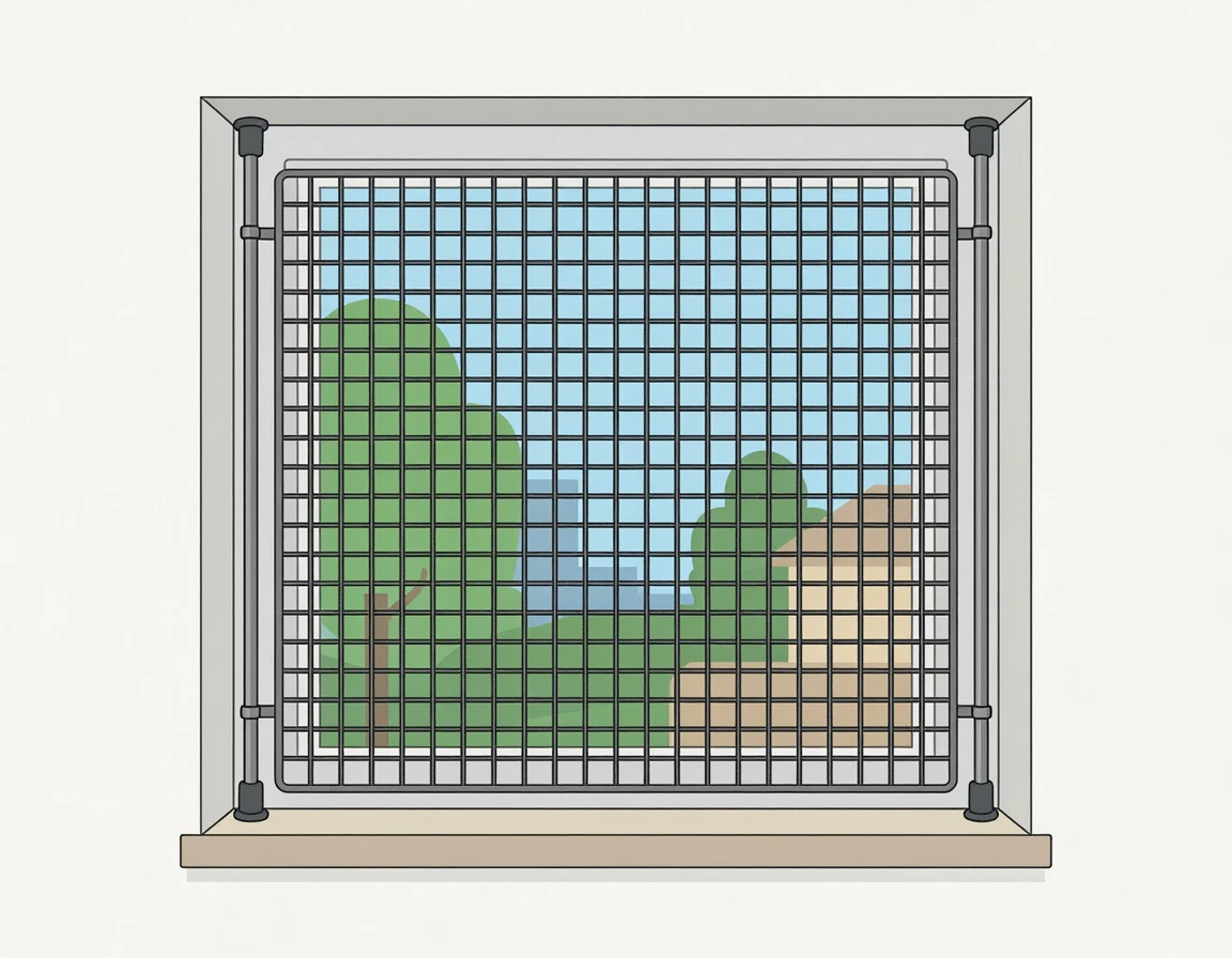 창틀에 네트망과 압축봉을 이용해 설치된 고양이 방묘창
