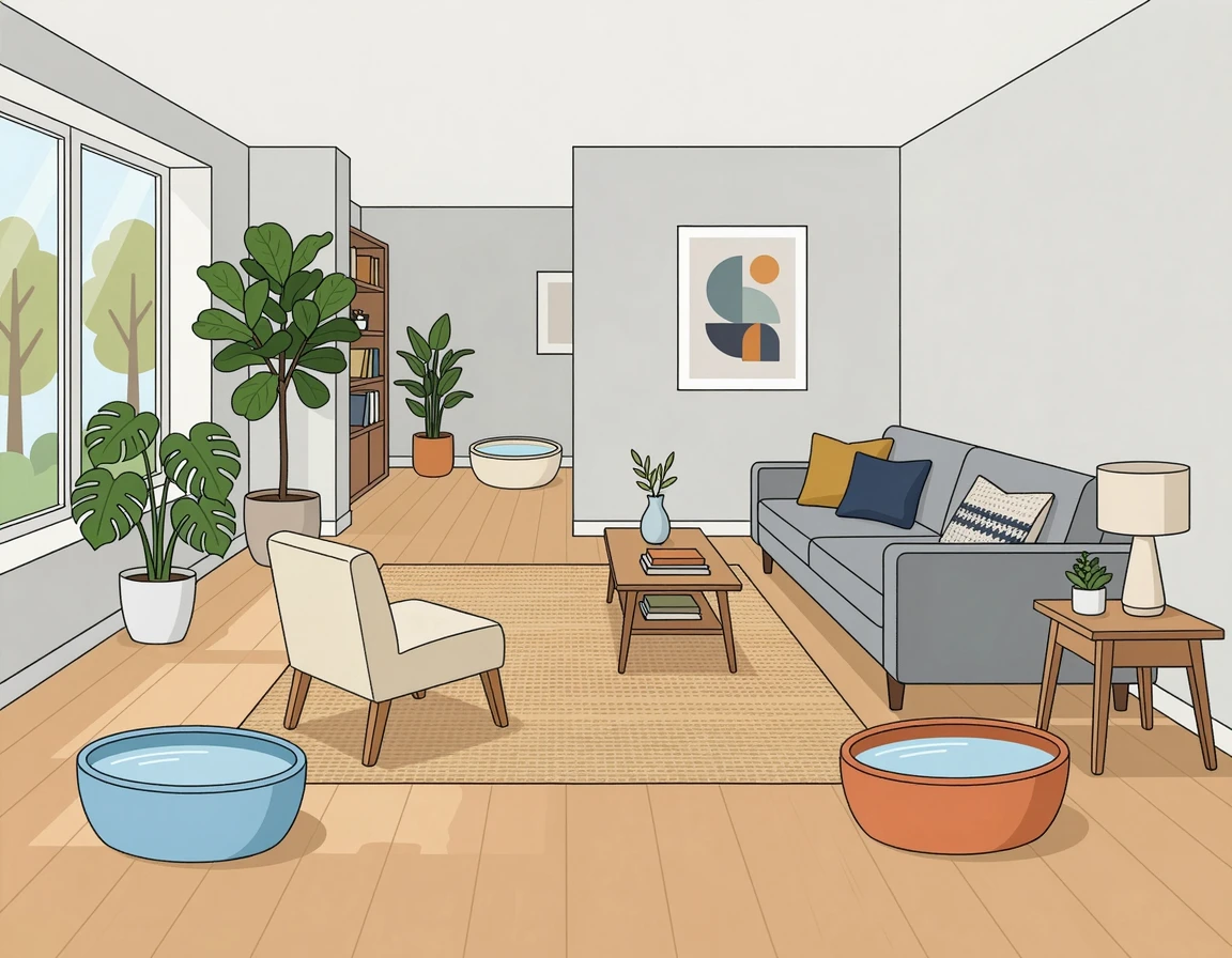 집안 곳곳에 배치된 넓은 도자기 물그릇