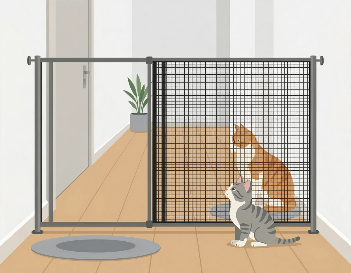 안전문을 사이에 두고 대면하는 성묘와 아기 고양이
