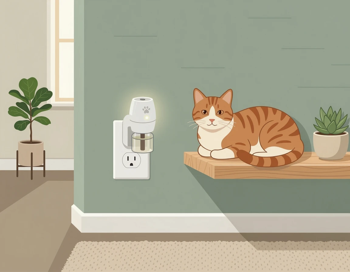 콘센트에 꽂힌 펠리웨이 디퓨저와 안정된 고양이 일러스트