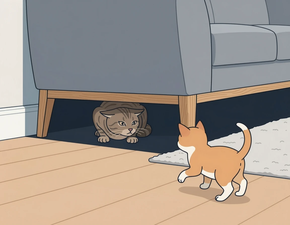 스트레스를 받아 숨어있는 성묘와 다가가는 아기 고양이