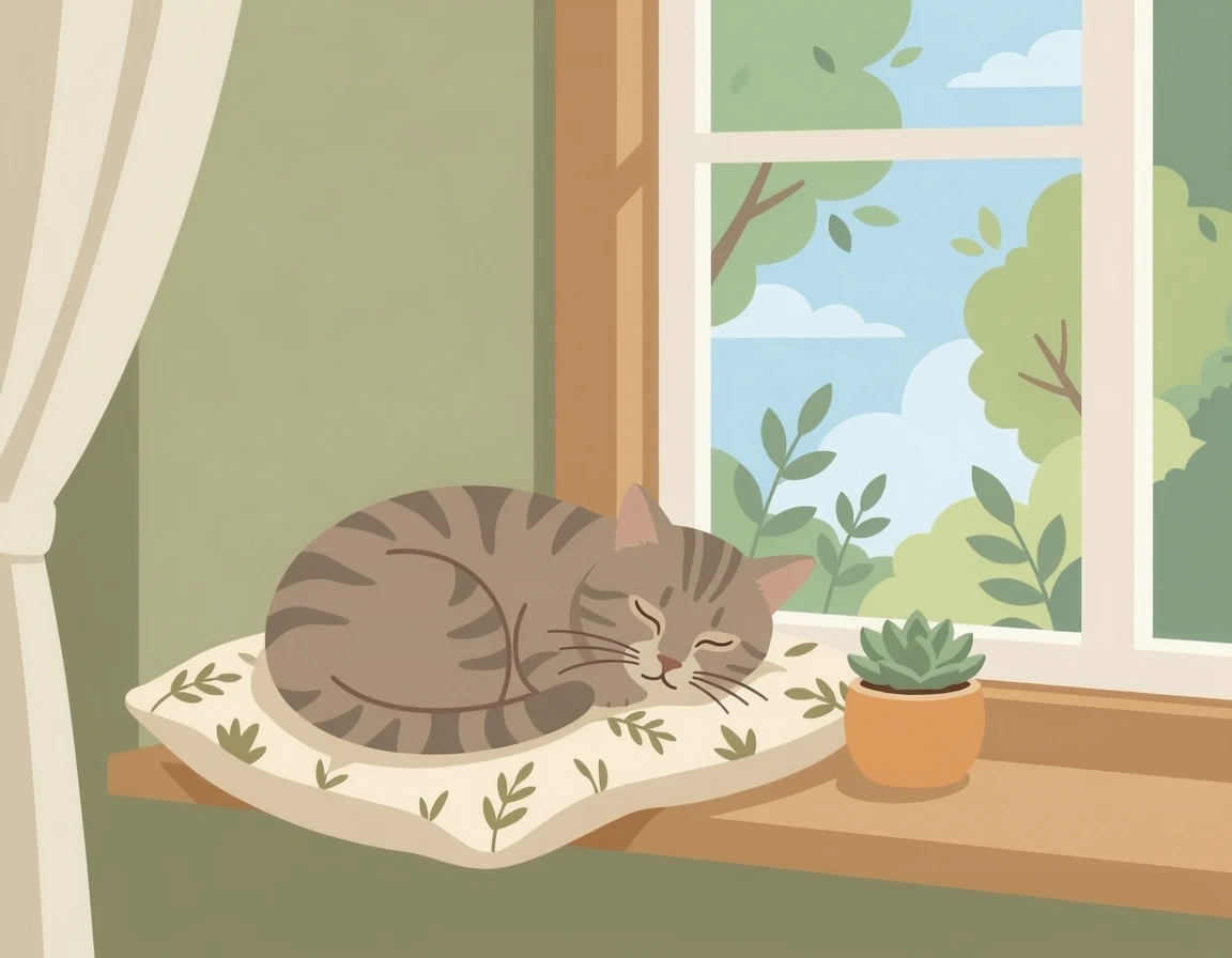 편안한 쿠션 위에서 잠을 자고 있는 노령묘의 모습