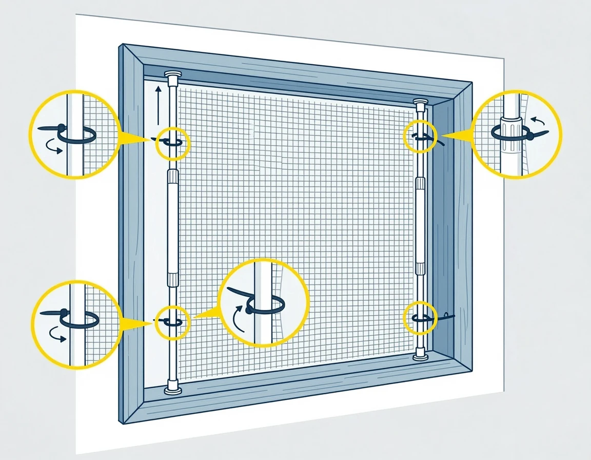 압축봉과 네트망을 이용해 방묘창을 조립하는 모습