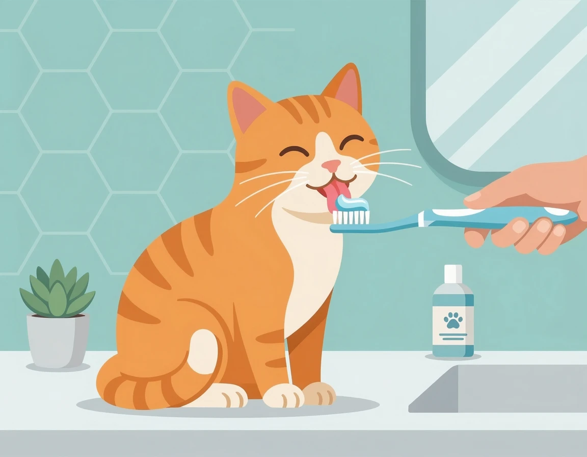 칫솔에 묻은 치약을 핥아먹는 고양이 일러스트