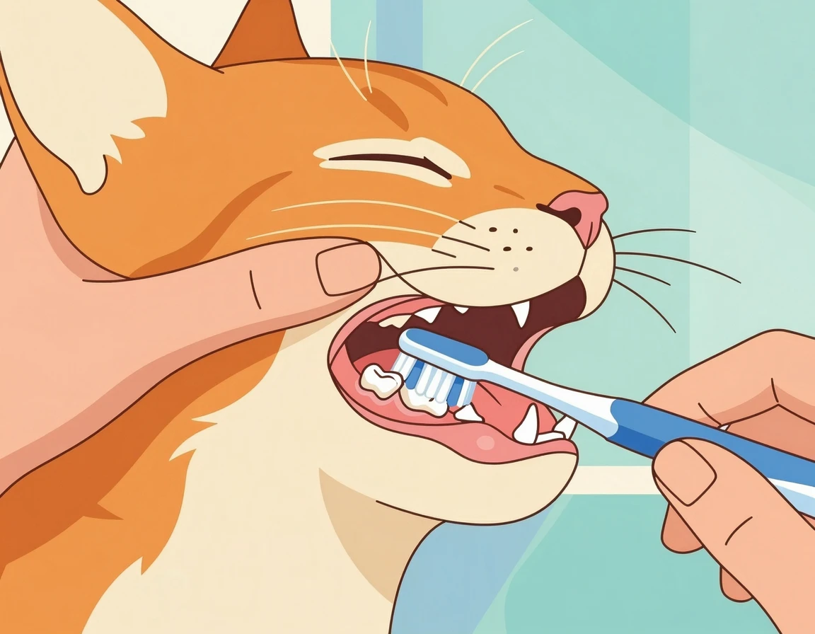 고양이 어금니 바깥쪽을 가볍게 양치하는 모습 일러스트