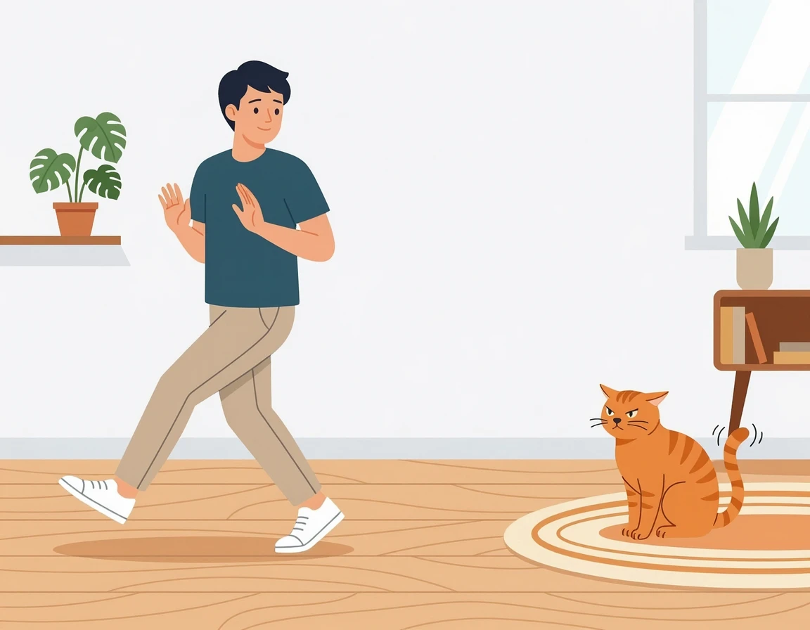 불편해하는 고양이에게서 물러나 거리를 두는 보호자