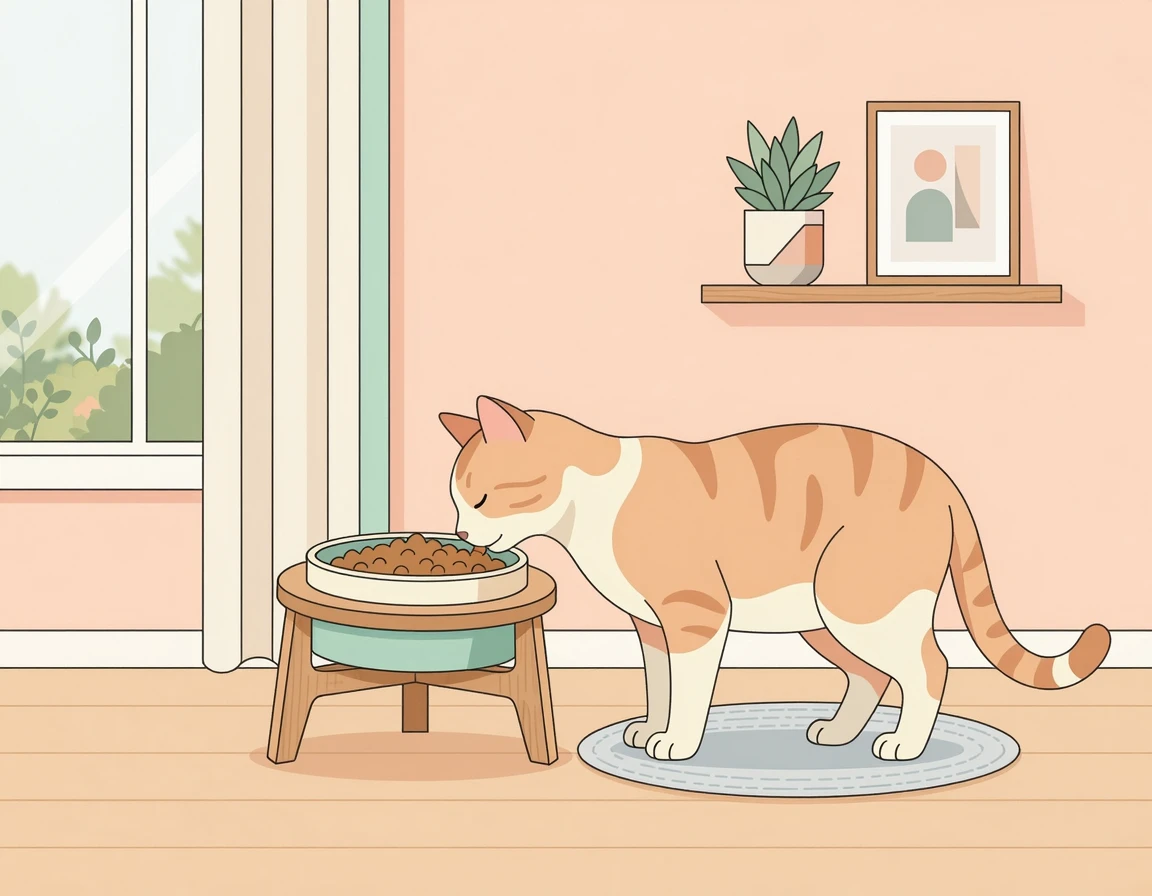 높이가 맞는 밥그릇에서 편안하게 식사하는 고양이 일러스트