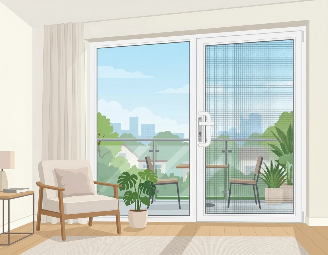 안전하게 잠금장치와 방묘창이 설치된 베란다 창문