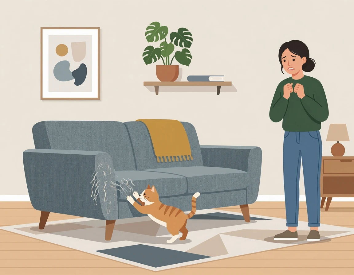 소파를 긁고 있는 고양이와 고민하는 반려인