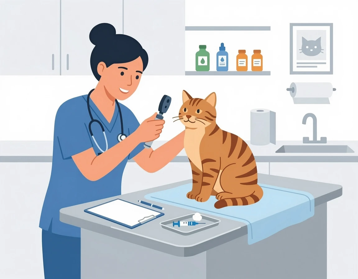 동물병원 진찰대 위에서 수의사에게 검진을 받고 있는 고양이 일러스트