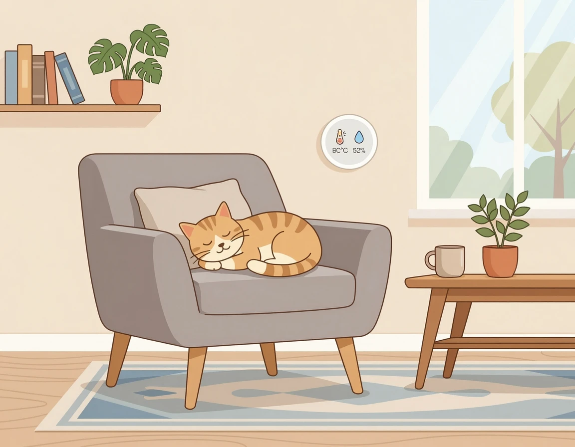 쾌적한 실내 환경에서 휴식을 취하는 고양이 일러스트