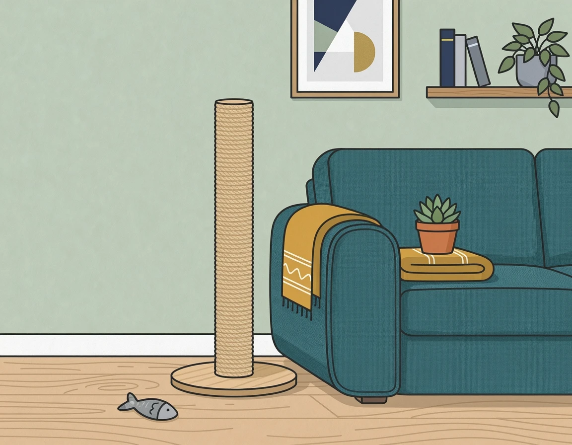 소파 팔걸이 바로 옆에 배치된 수직형 사이잘 스크래처