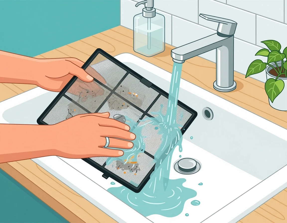 흐르는 물에 공기청정기 프리필터를 세척하는 모습