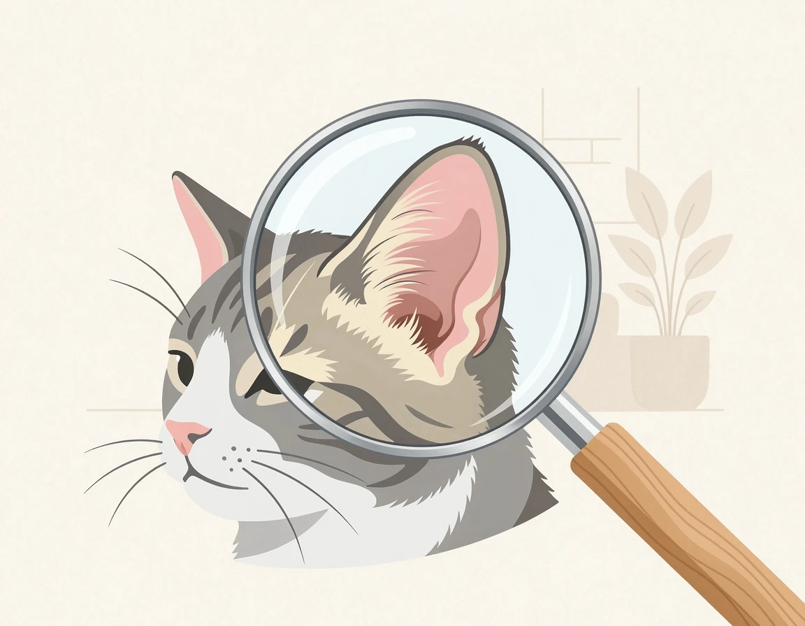 고양이 귀 안쪽을 돋보기로 관찰하는 일러스트