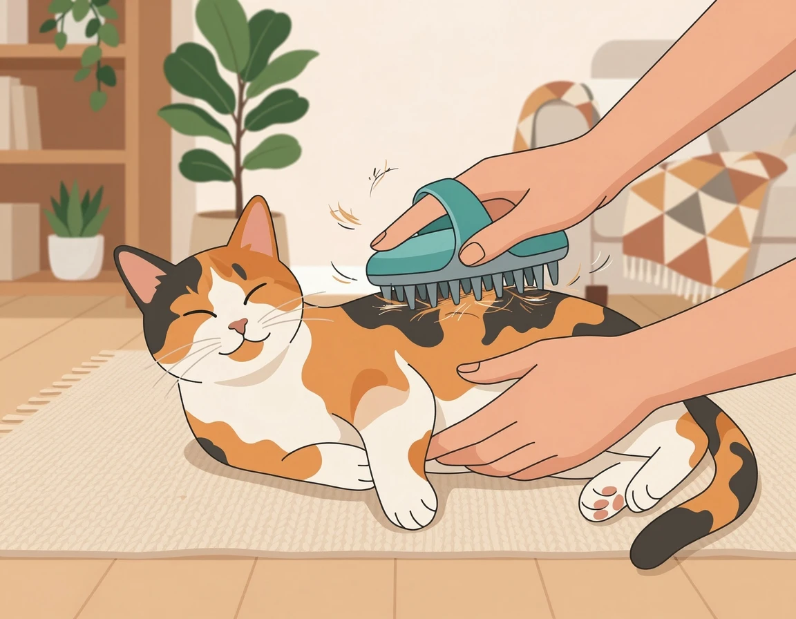 실리콘 빗으로 고양이의 죽은 털을 빗겨주는 모습