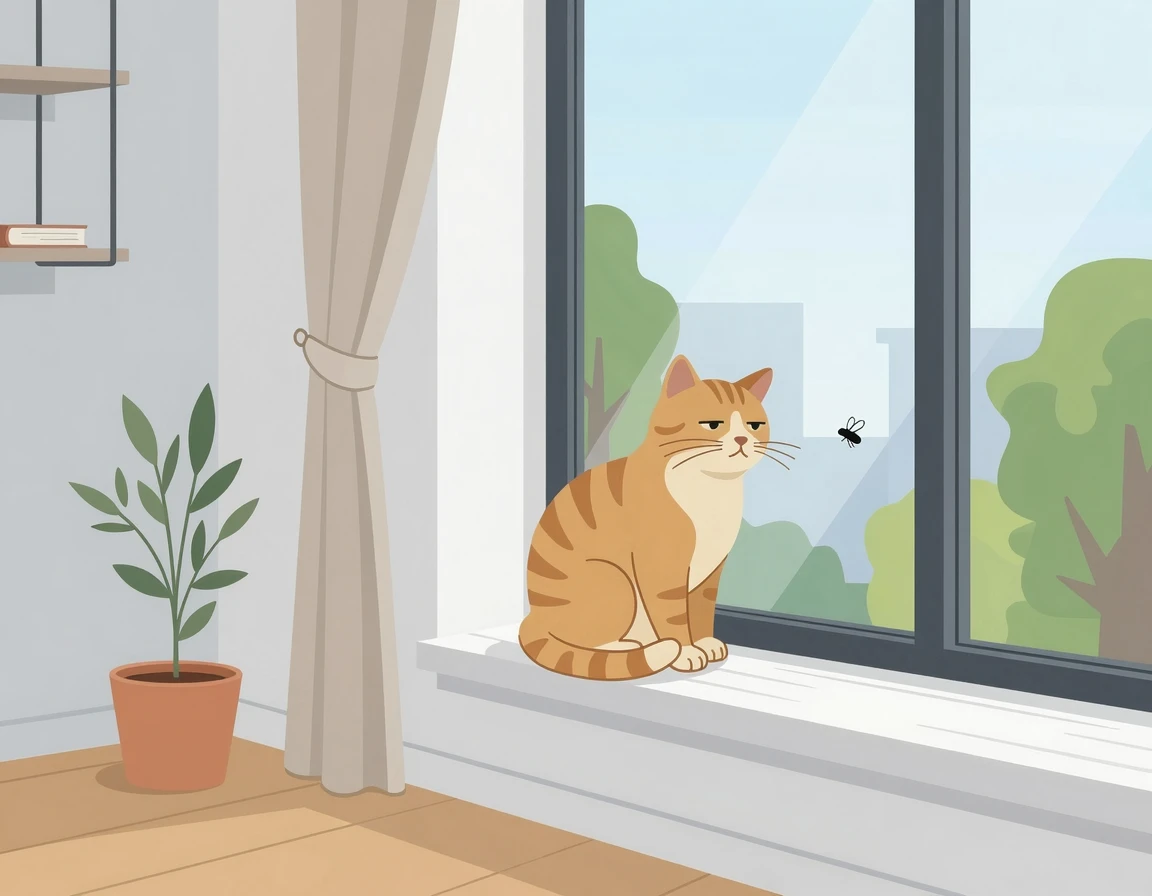창밖을 보며 지루해하는 실내 고양이 일러스트