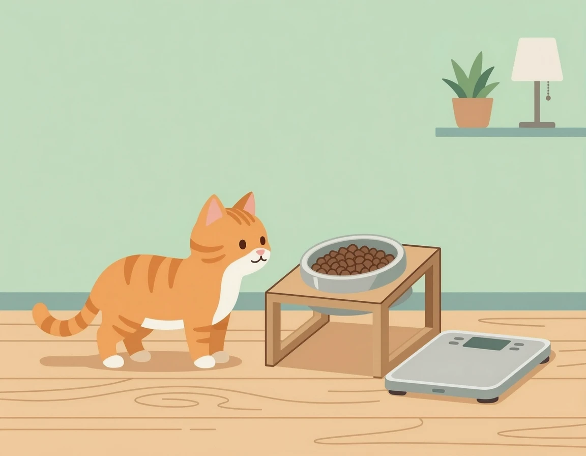높이가 있는 식기와 체중계 앞의 고양이