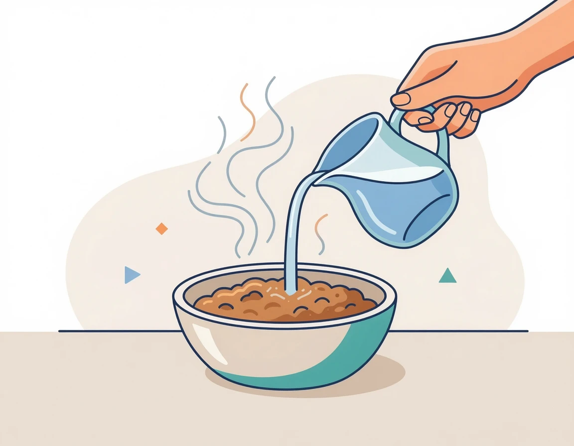 습식 사료에 따뜻한 물을 섞어주는 일러스트