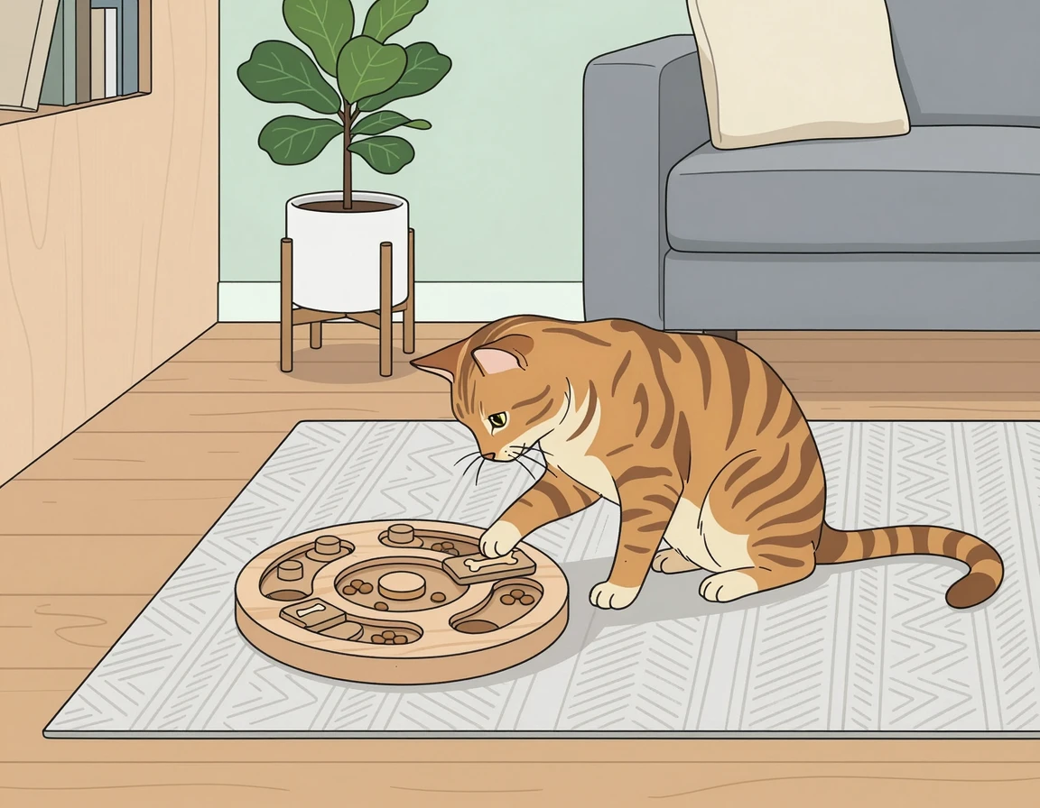 먹이 퍼즐 장난감을 사용해 간식을 꺼내 먹는 고양이