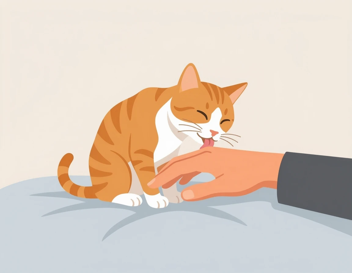 사람의 손을 핥고 있는 고양이