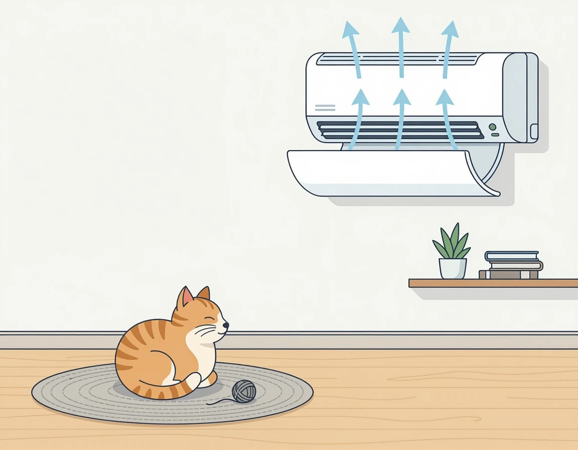 바람막이가 설치된 에어컨과 안전한 위치의 고양이