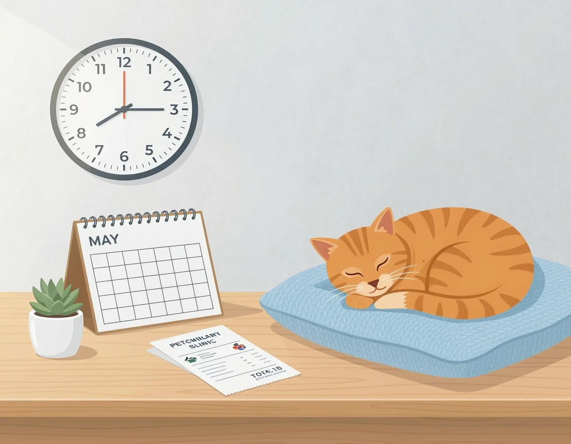 오전 시간대를 나타내는 시계와 달력, 그리고 평화롭게 자고 있는 고양이 일러스트