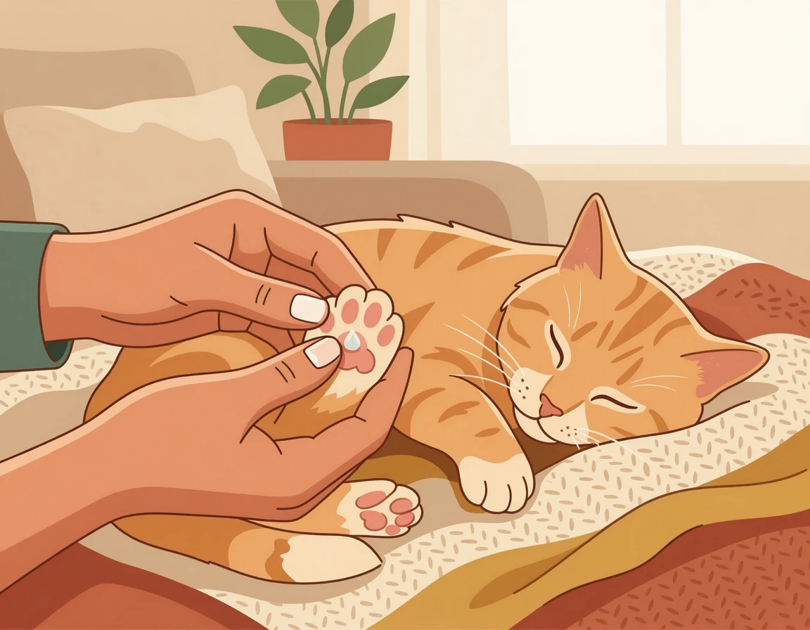 잠든 고양이의 발바닥에 보습제를 부드럽게 발라주는 모습