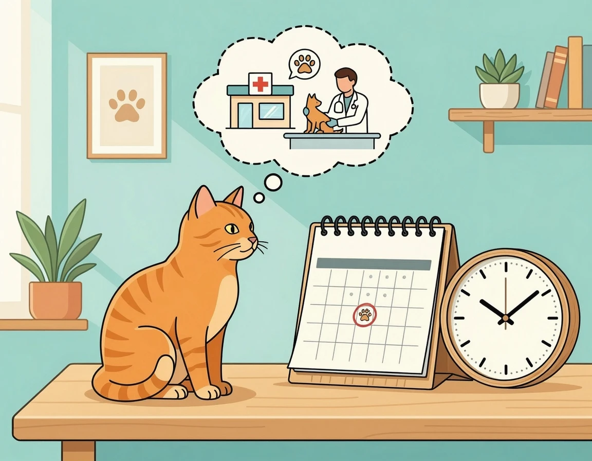 병원 방문 시기를 고민하는 달력과 시계 앞의 고양이