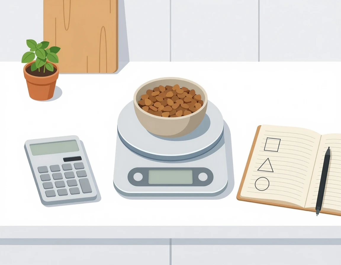 저울과 계산기로 고양이 사료 칼로리를 계산하는 모습 일러스트