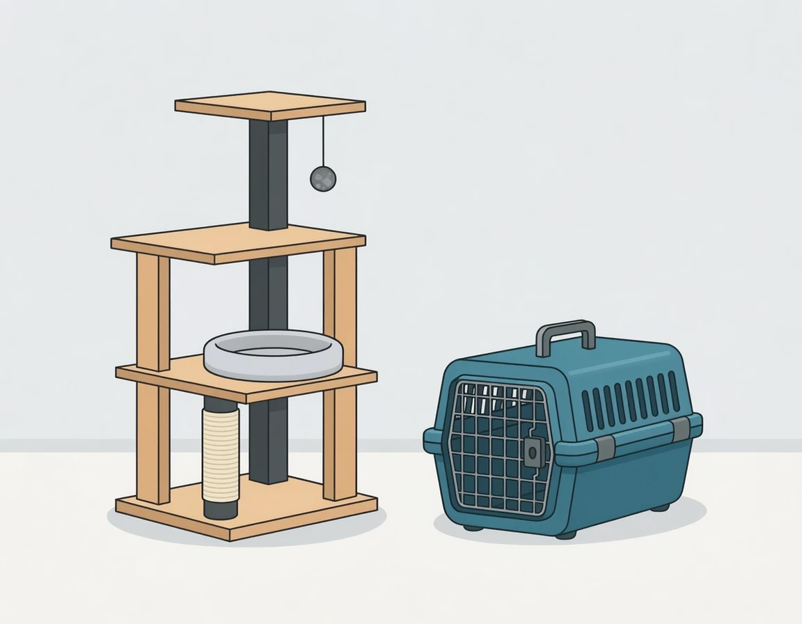 캣타워와 고양이 이동장 일러스트