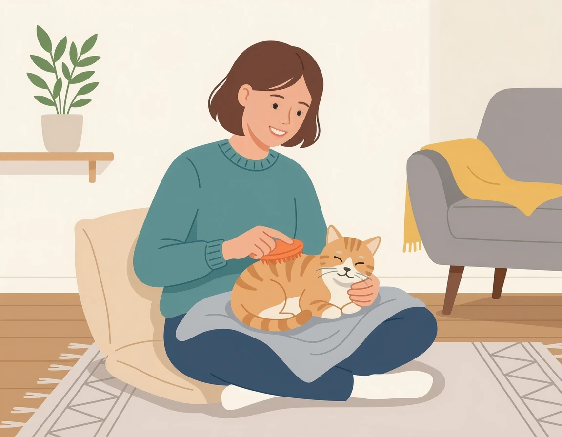 부드러운 빗으로 노령묘를 빗겨주는 모습