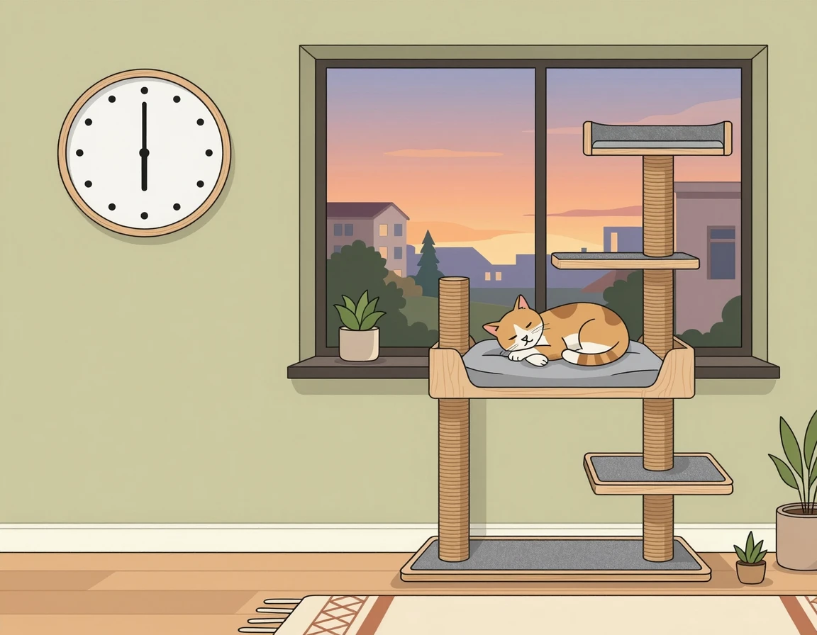 캣타워에서 편안하게 휴식을 취하며 시간을 보내는 고양이