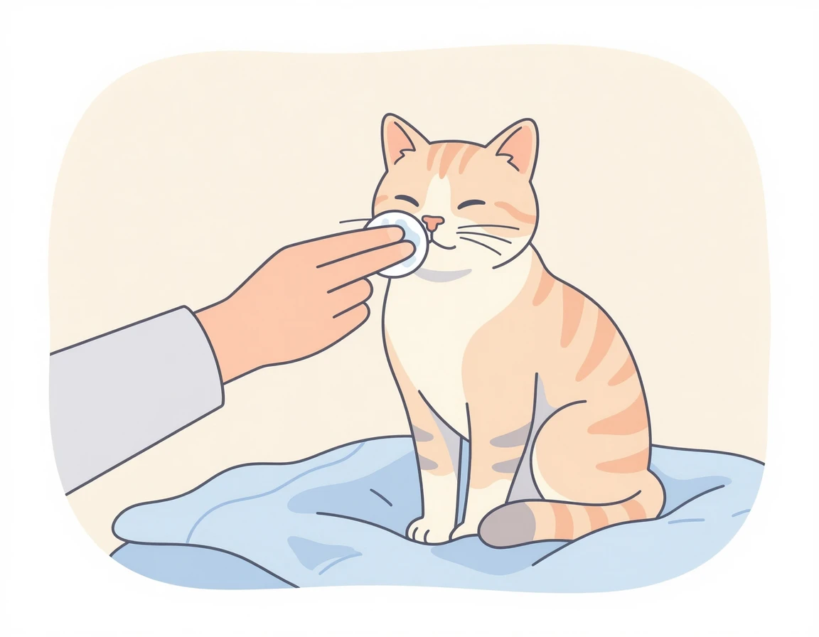 화장솜으로 고양이 코를 부드럽게 닦아주는 모습
