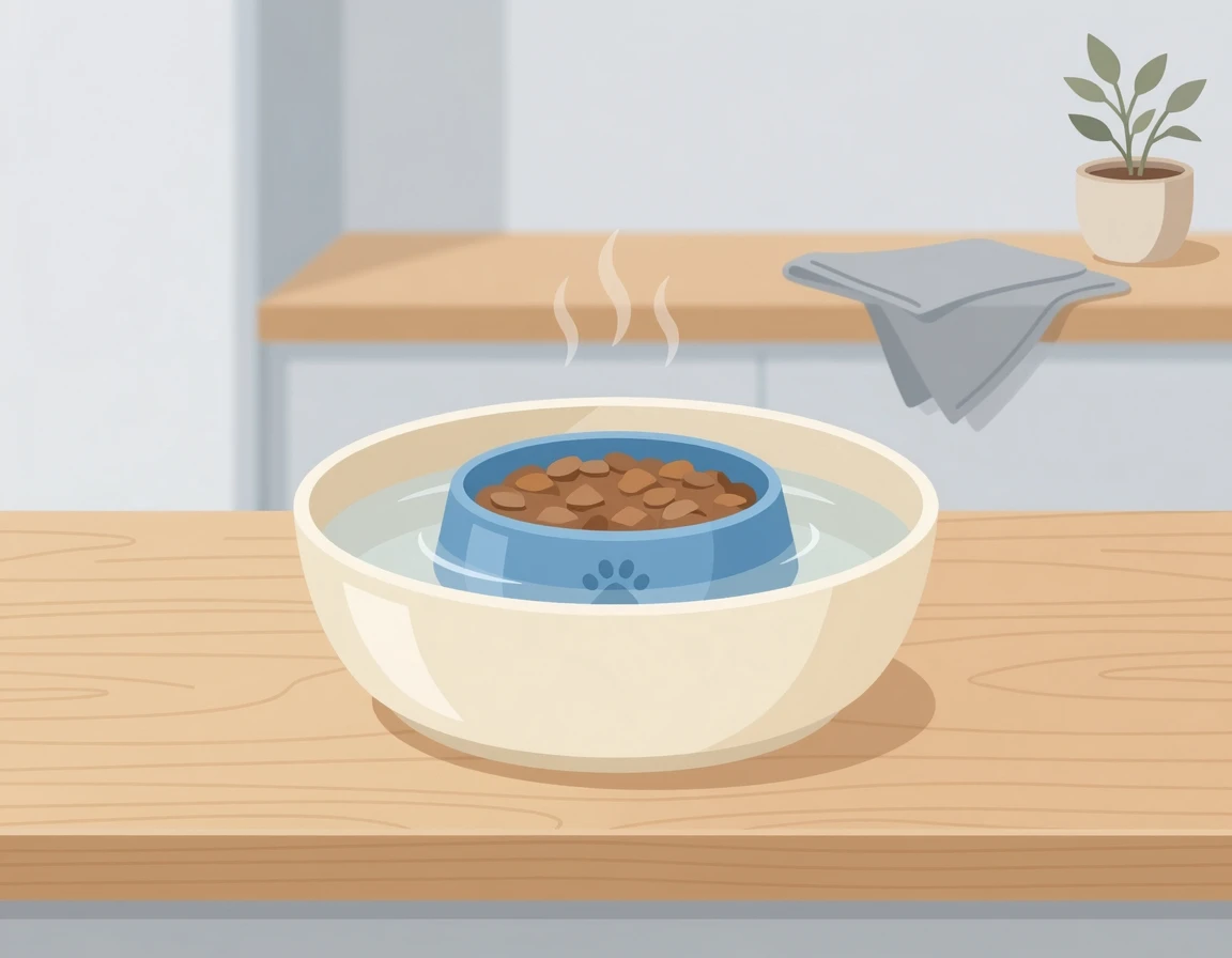 따뜻한 물에 중탕하여 온도를 높이는 고양이 습식 사료 일러스트