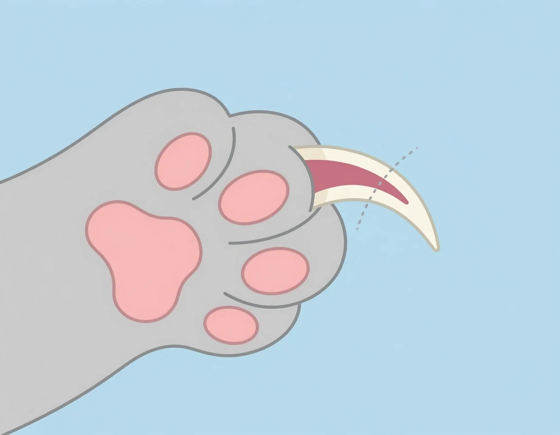 고양이 발톱 내부의 분홍색 혈관과 안전한 절단 위치를 보여주는 상세 이미지