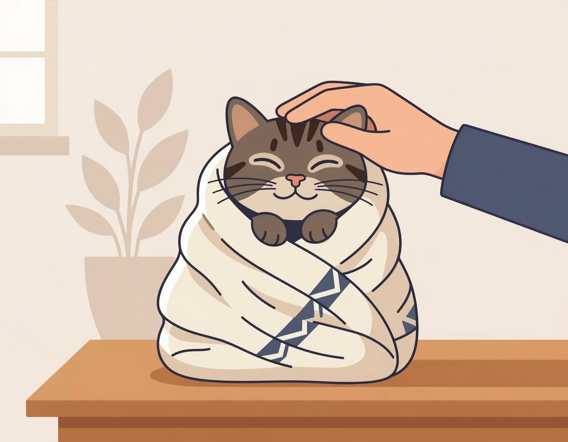 수건으로 고양이를 부드럽게 감싼 보정법
