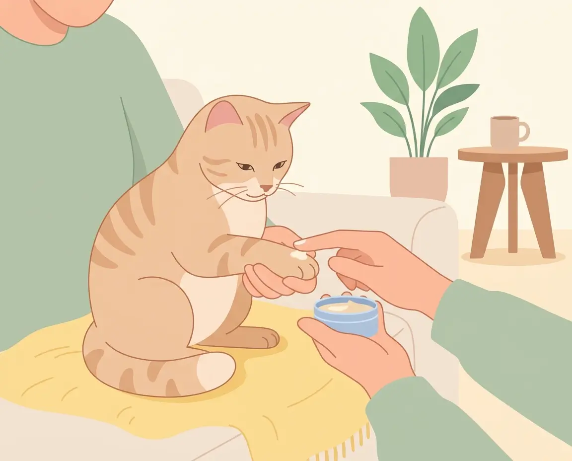 고양이 발바닥에 안전한 보습제를 부드럽게 발라주는 모습