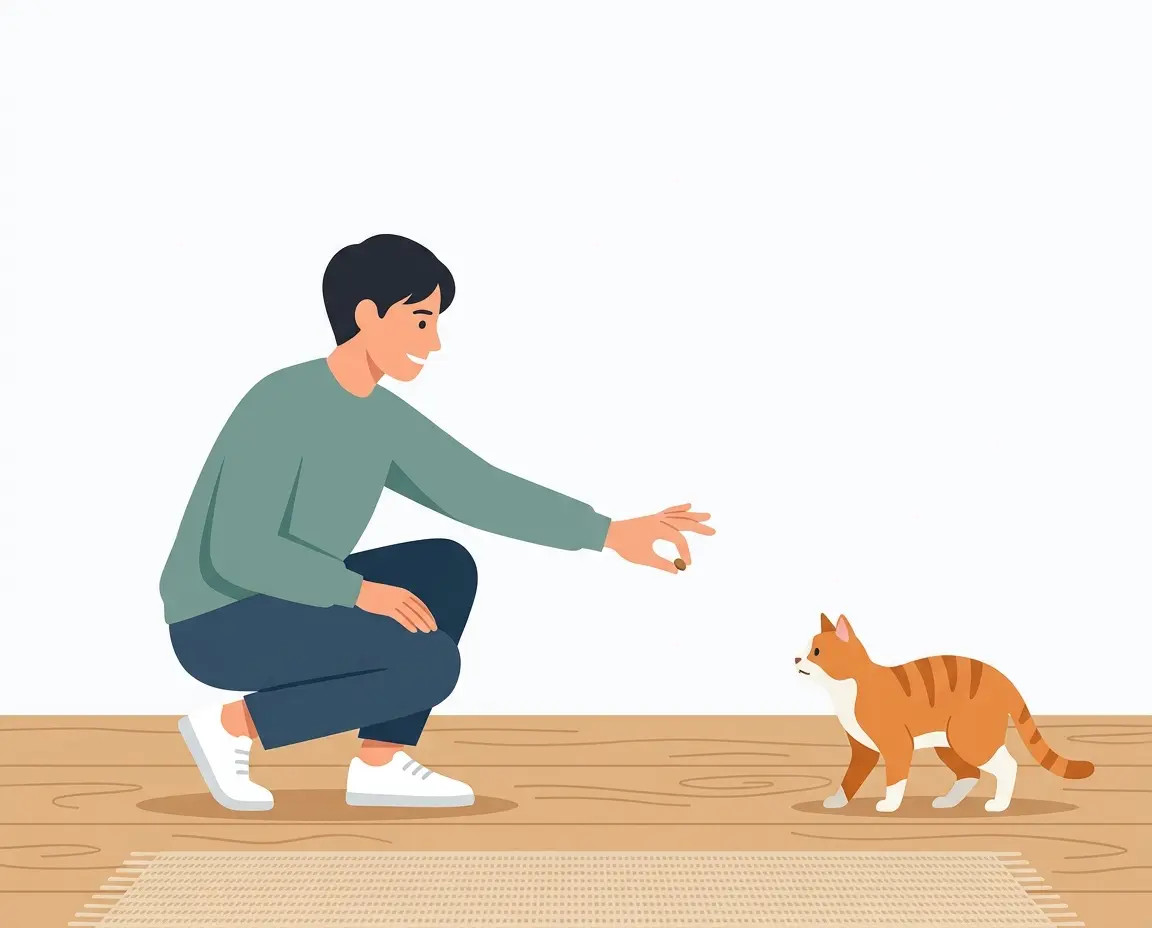 거리를 두고 조심스럽게 고양이에게 간식을 건네는 모습