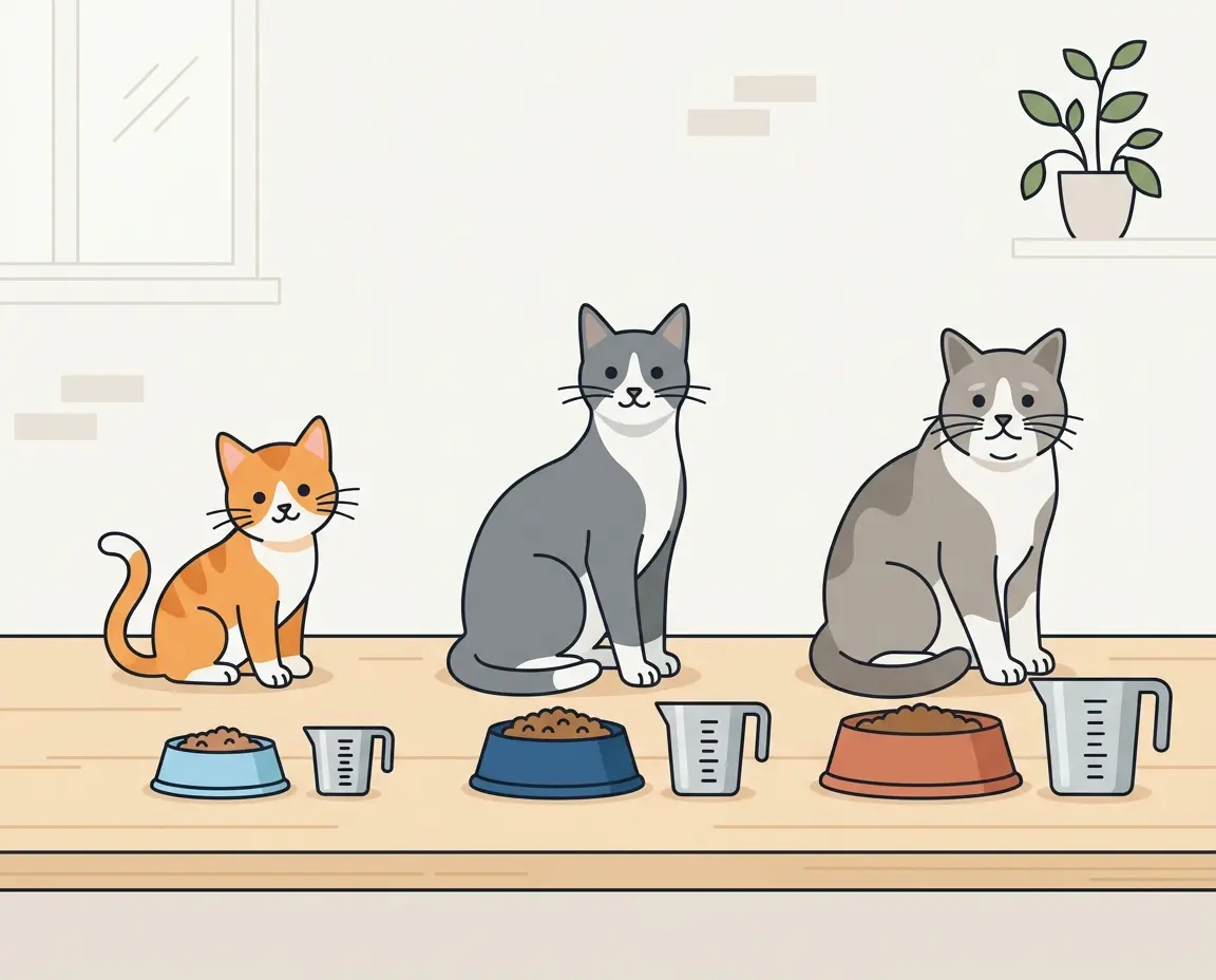 자묘, 성묘, 노령묘 세 마리의 고양이와 계량컵이 있는 식단 조절 일러스트