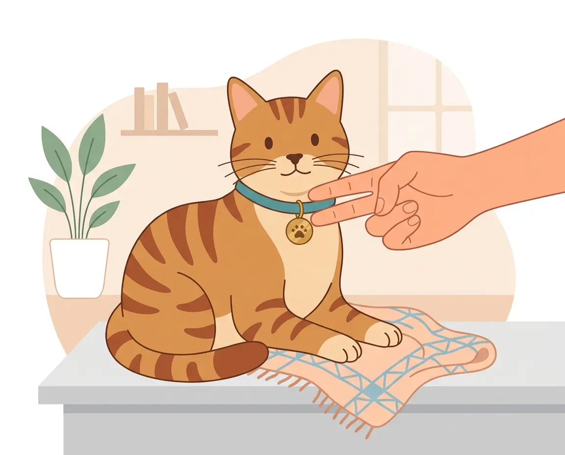 고양이 목걸이 착용 후 손가락 두 개로 여유 공간을 확인하는 일러스트