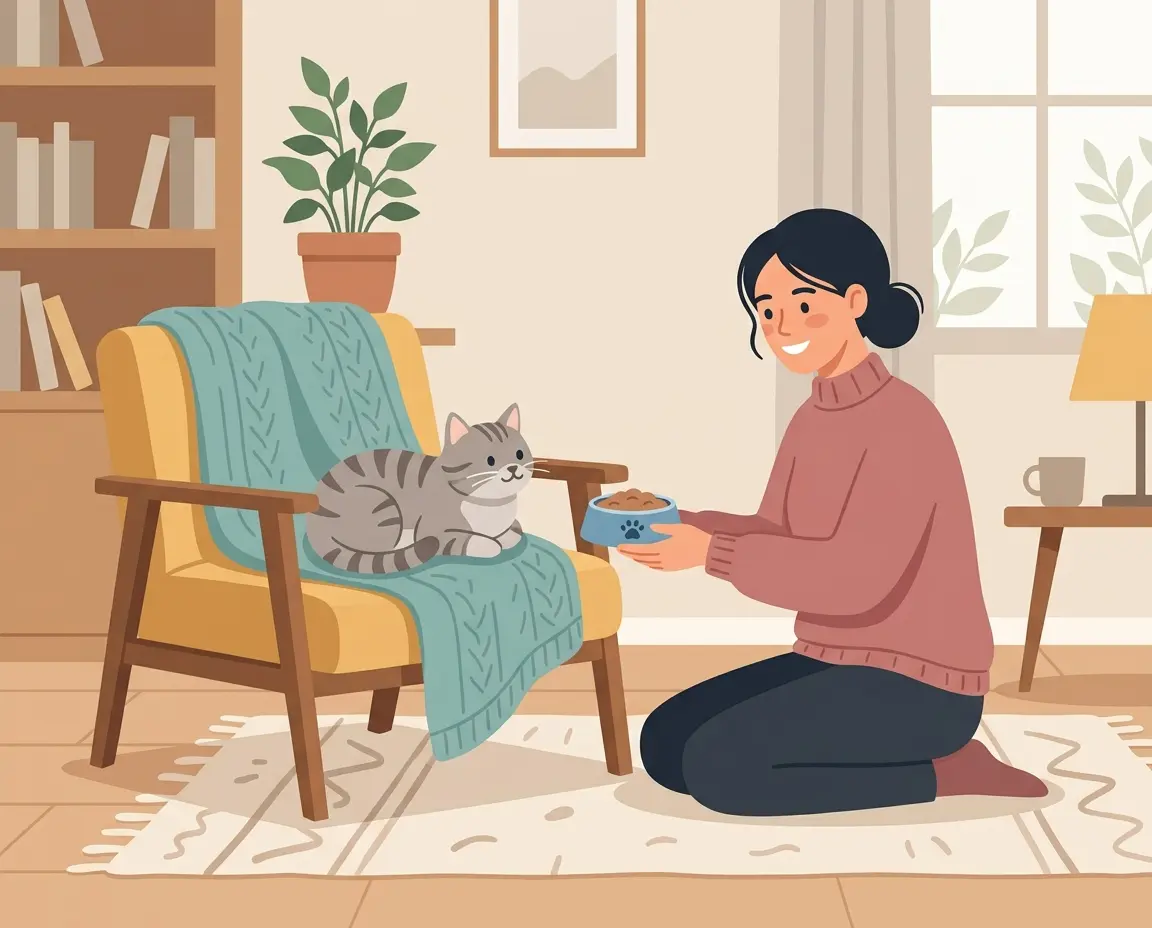 회복 중인 고양이에게 습식 사료를 챙겨주는 보호자