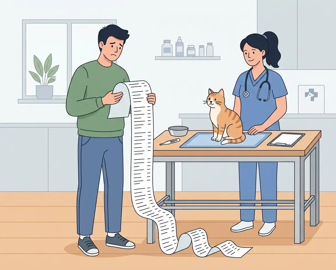 동물병원에서 긴 영수증을 보며 고민하는 보호자와 고양이 일러스트