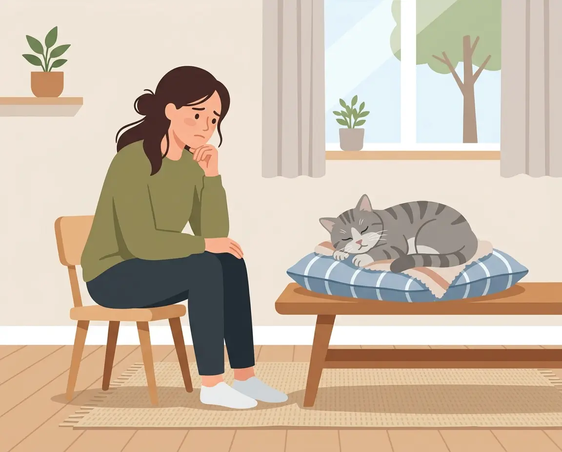 노령묘를 걱정스럽게 바라보는 보호자 일러스트