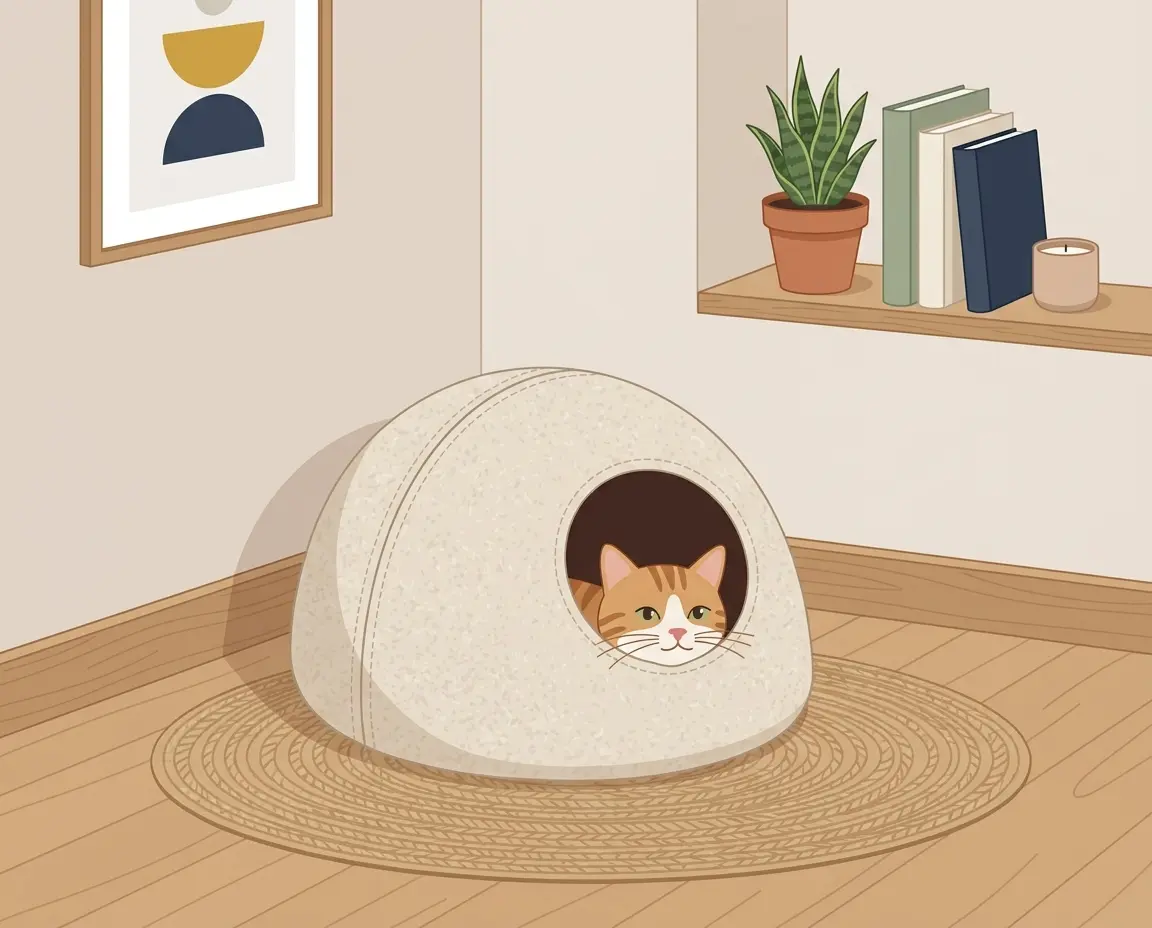거실 구석에 배치된 아늑한 고양이 숨숨집과 밖을 내다보는 고양이
