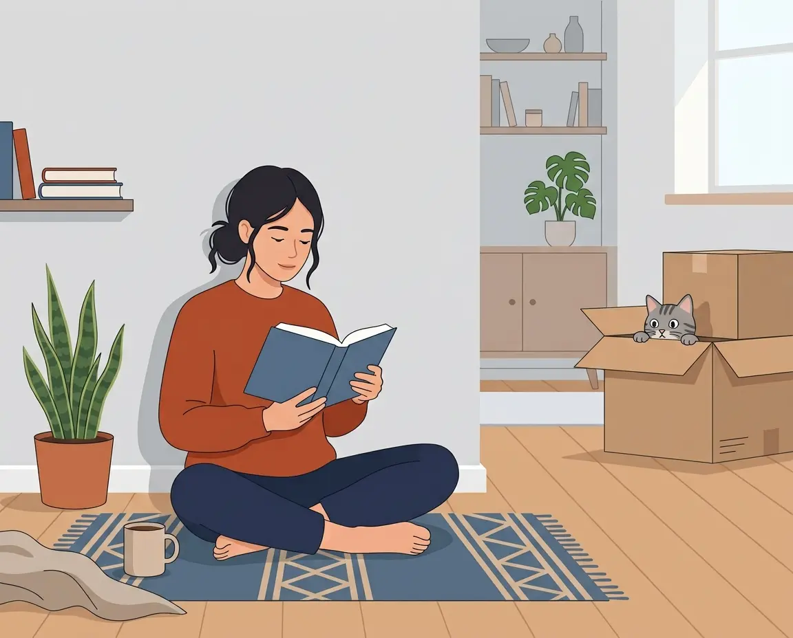 방바닥에 앉아 책을 읽는 보호자와 조심스레 박스에서 나오는 고양이 일러스트