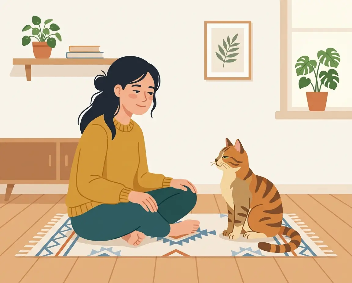고양이와 눈높이를 맞추고 슬로우 블링크를 시도하는 사람